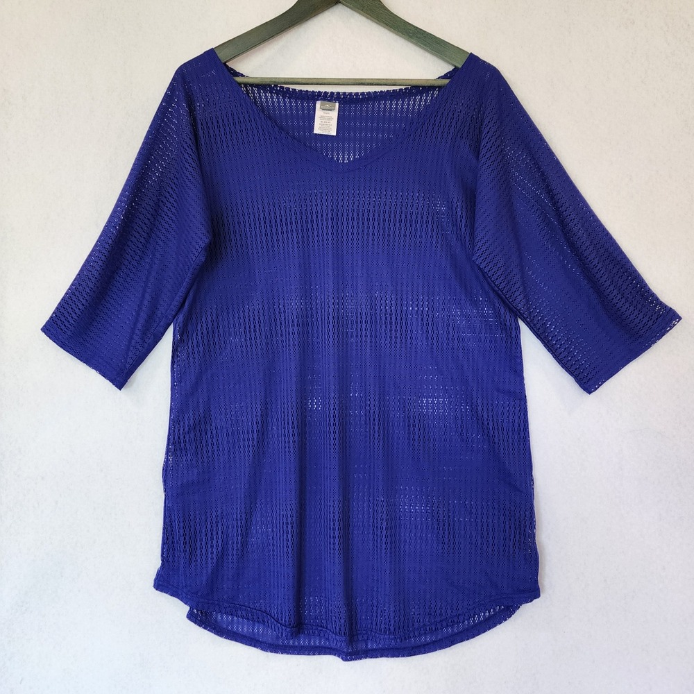 O'Neill‎ Womens M/L Blue Mesh V-Neck Swim Cover Up Top 3/4 Sleeve